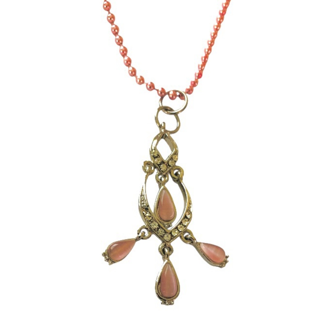 Victorian Elegant Pink Stone & Silver RhinestoneTeardrop Pendant Dangle Necklace